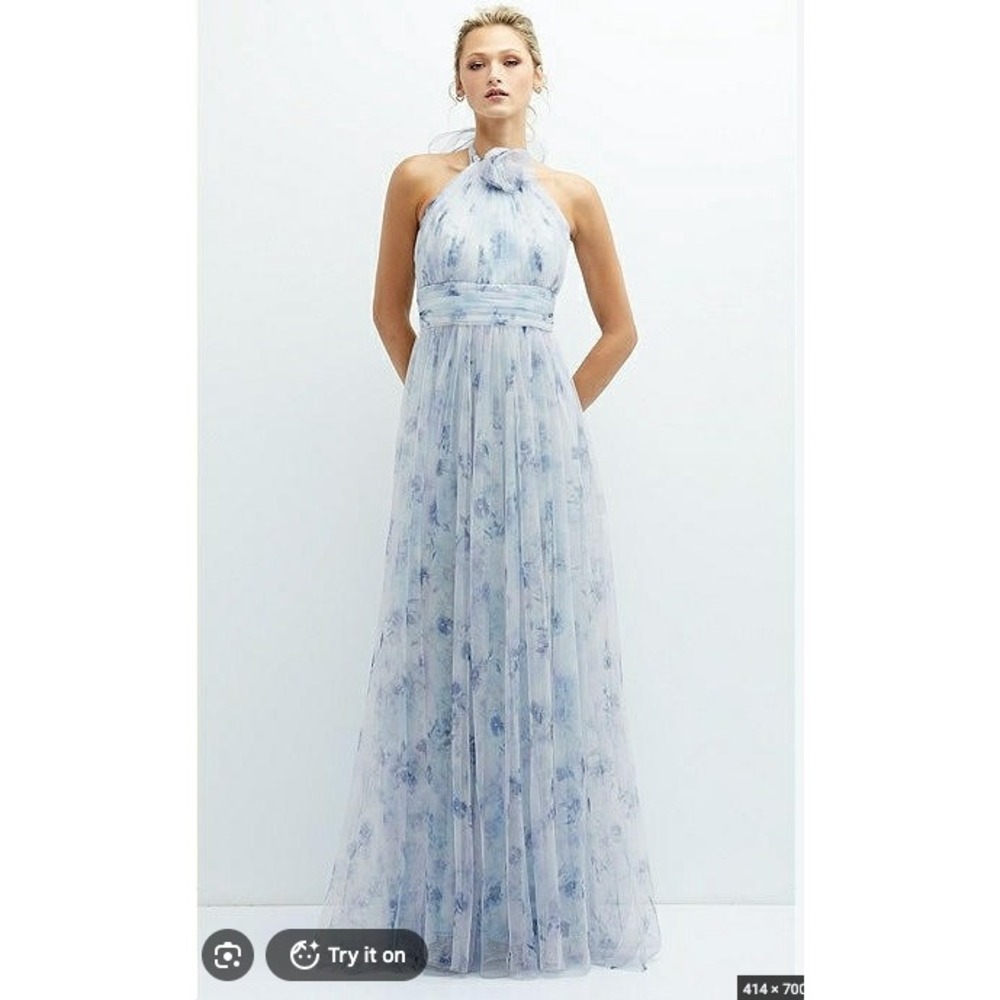 Dessy Collection 3131 Halter Tulle Floral Bridesmaid Maxi Dress Blue 10 NWT